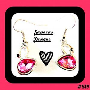Silver Tone Swan Design Dangle Earrings With Black & Pink Crystals